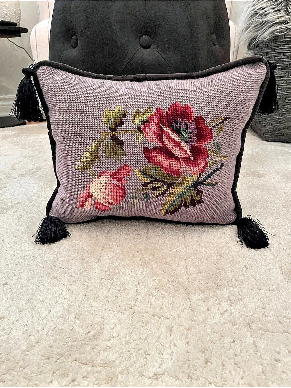 Floral Needlepoint Accent Pillow Gray, Purple & Black